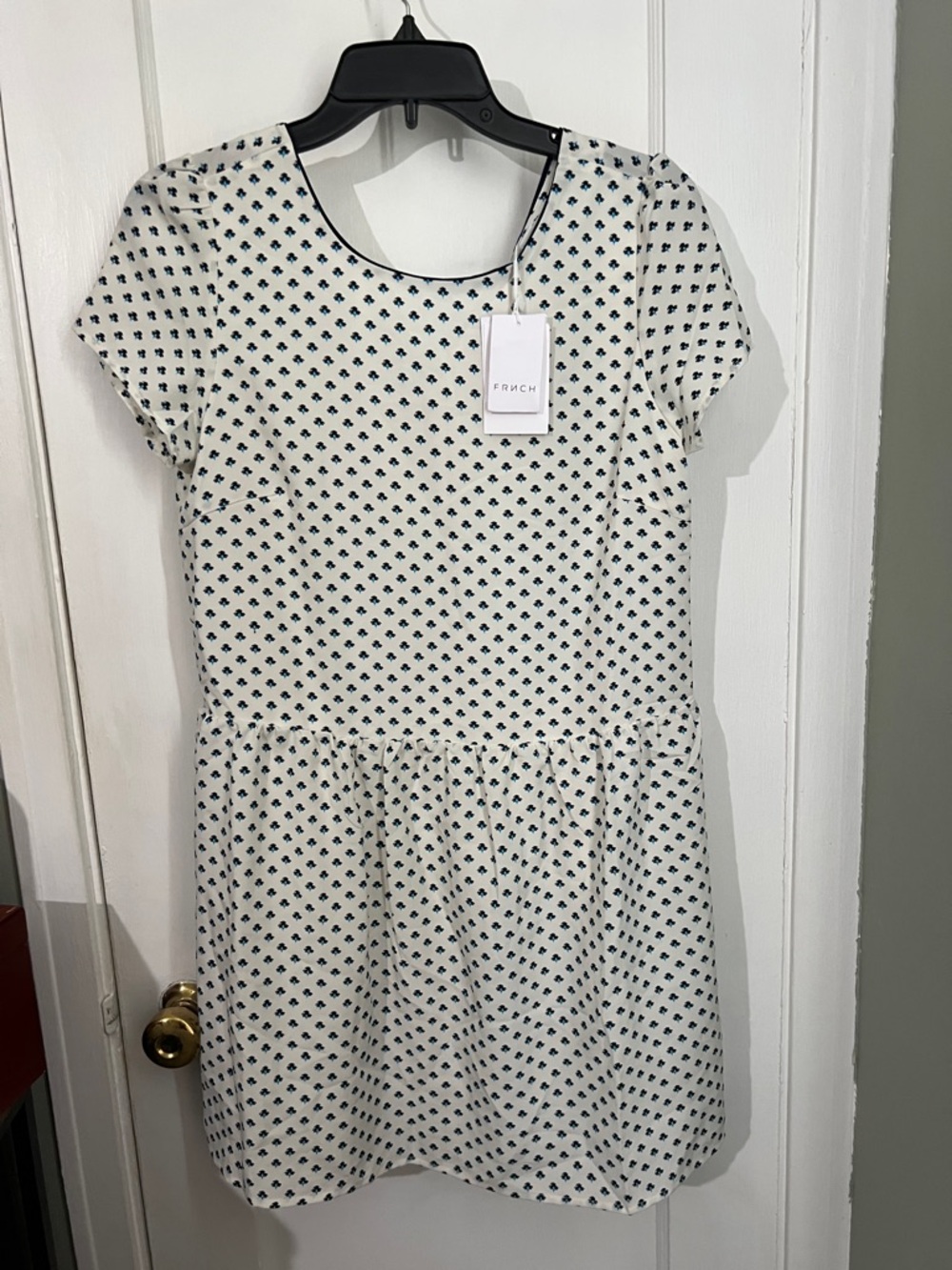 FRNCH Cream Dress with Navy Micro-Print